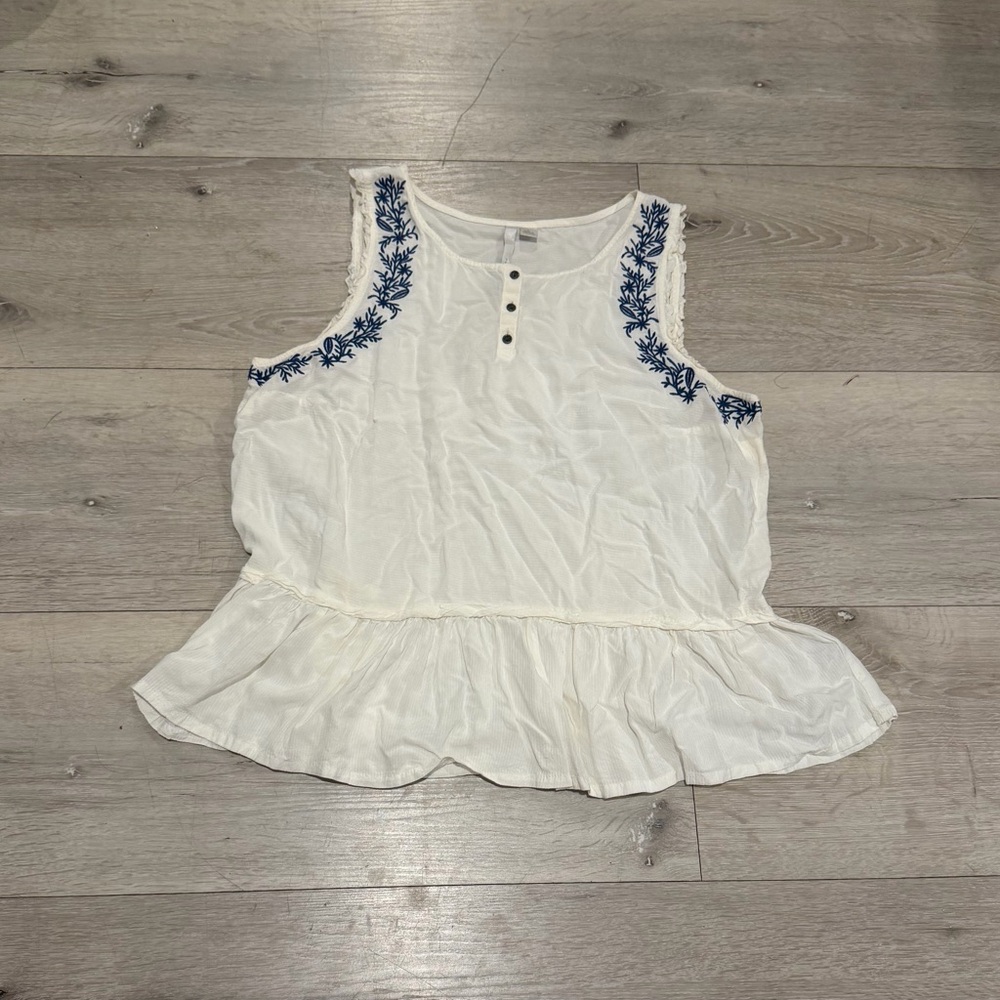 White sleeveless blouse with Blue Embroidery
